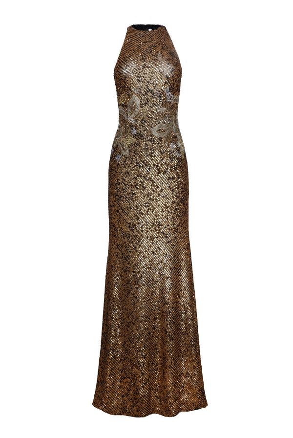 naeem khan Stretch Sequin Halter Floral Applique Gown