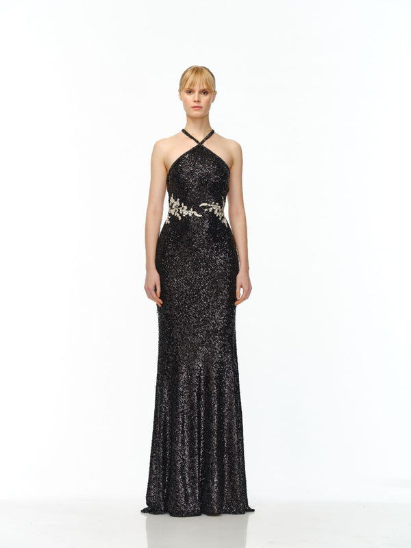naeem khan STRETCH SEQUIN HALTER FLORAL APPLIQUE GOWN