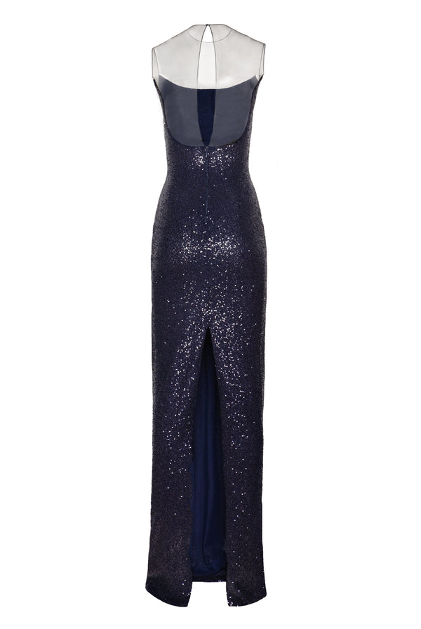 Naeem Khan STRETCH SEQUIN ILLUSION NECKLINE COLUMN GOWN