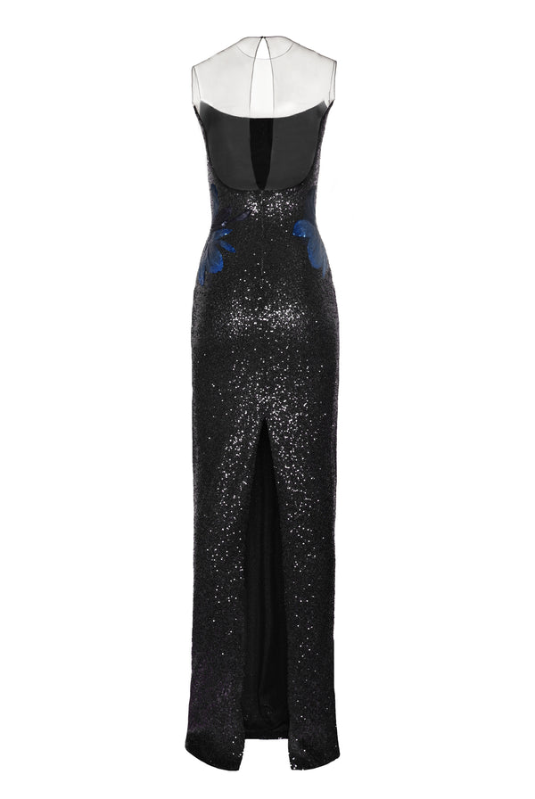 Naeem Khan Stretch Sequin Illusion Neckline Floral Applique Column Gown