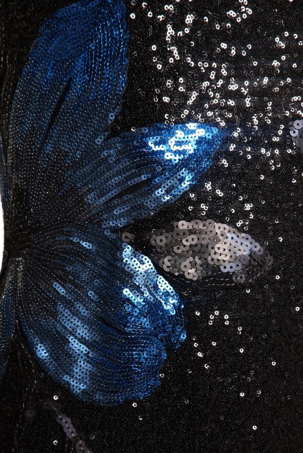 Naeem Khan Stretch Sequin Illusion Neckline Floral Applique Column Gown