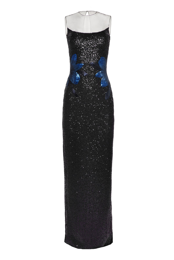 Naeem Khan Stretch Sequin Illusion Neckline Floral Applique Column Gown
