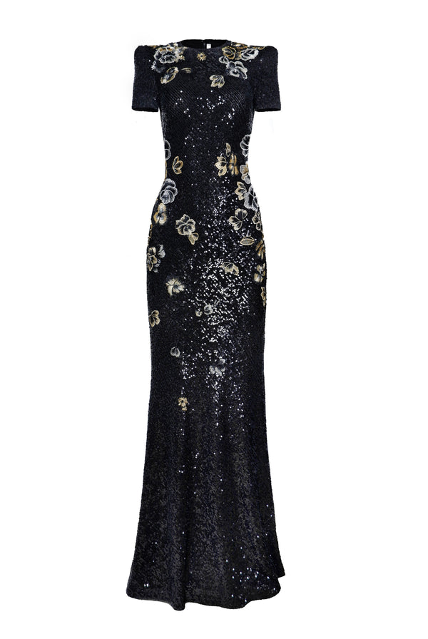 Naeem Khan STRETCH SEQUIN JEWEL NECK CAP SLEEVE FIT-AND-FLARE GOWN