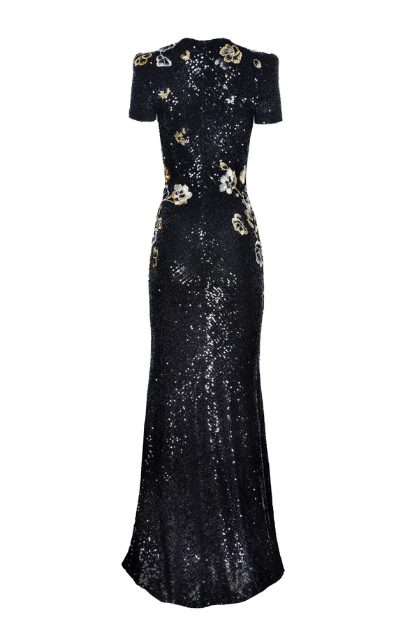 Naeem Khan STRETCH SEQUIN JEWEL NECK CAP SLEEVE FIT-AND-FLARE GOWN