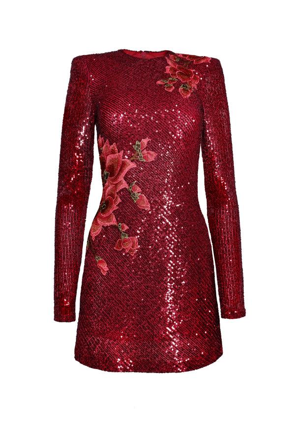 Naeem Khan STRETCH SEQUIN JEWEL NECK DRESS WITH LONG SLEEVES