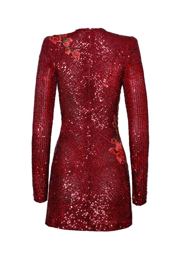 Naeem Khan STRETCH SEQUIN JEWEL NECK DRESS WITH LONG SLEEVES