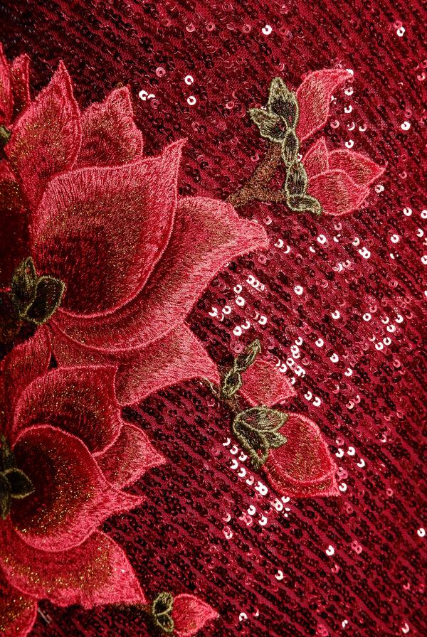 Naeem Khan STRETCH SEQUIN JEWEL NECK DRESS WITH LONG SLEEVES