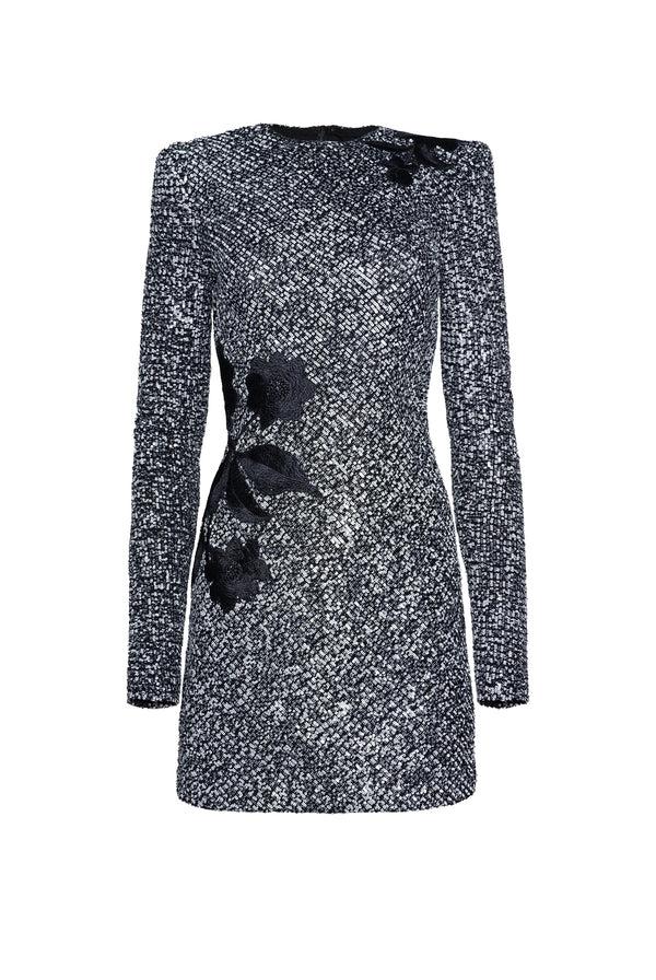 Naeem Khan STRETCH SEQUIN JEWEL NECK DRESS WITH LONG SLEEVES