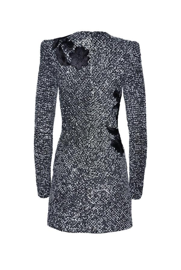 Naeem Khan STRETCH SEQUIN JEWEL NECK DRESS WITH LONG SLEEVES