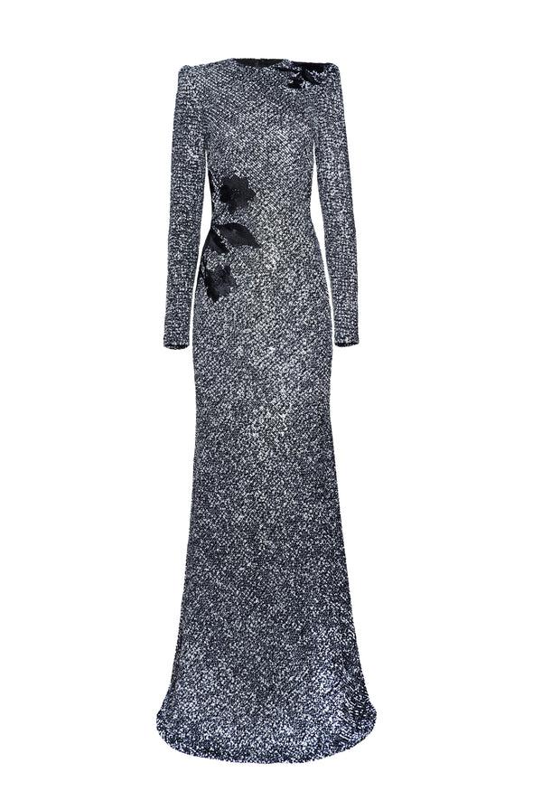 Naeem Khan STRETCH SEQUIN JEWEL NECK FIT-AND-FLARE GOWN WITH LONG SLEEVES