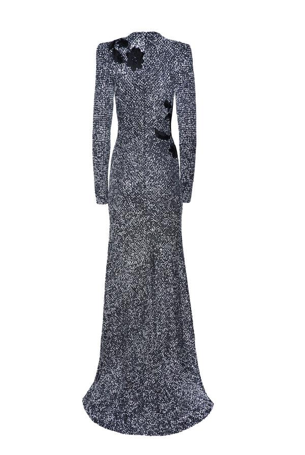 Naeem Khan STRETCH SEQUIN JEWEL NECK FIT-AND-FLARE GOWN WITH LONG SLEEVES