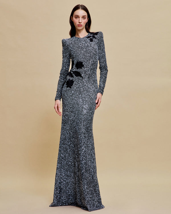 naeem khan STRETCH SEQUIN JEWEL NECK FIT-AND-FLARE GOWN WITH LONG SLEEVES