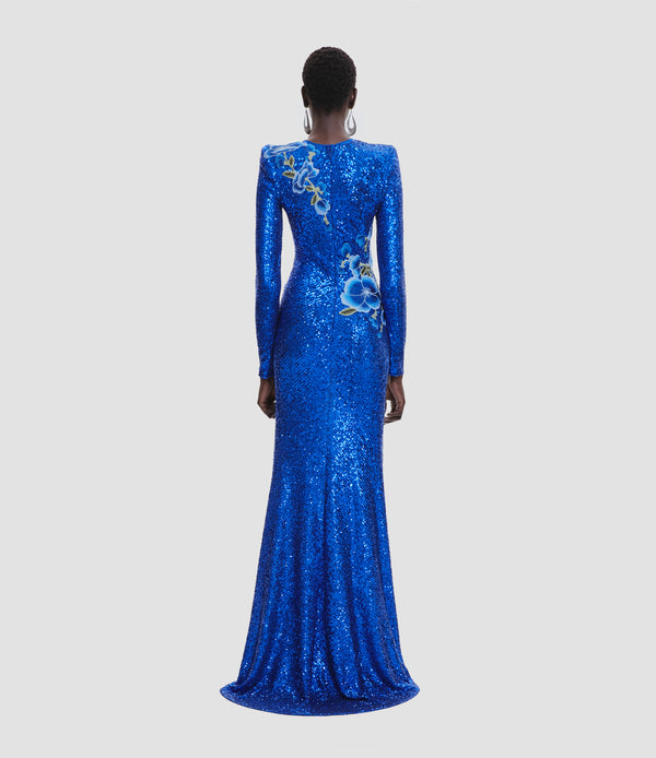 Naeem Khan STRETCH SEQUIN JEWEL NECK GOWN WITH FLORAL APPLIQUE