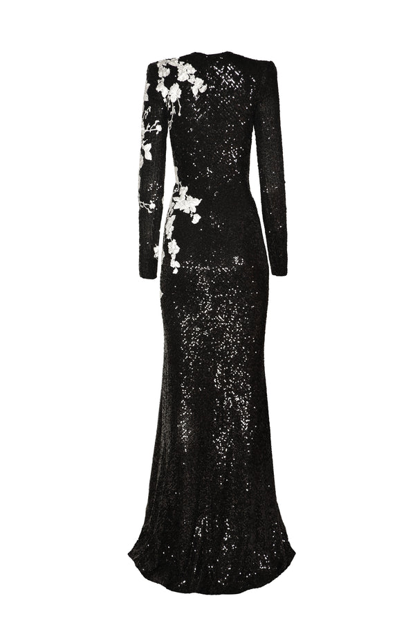 Naeem Khan STRETCH SEQUIN JEWEL NECK LONG-SLEEVE GOWN
