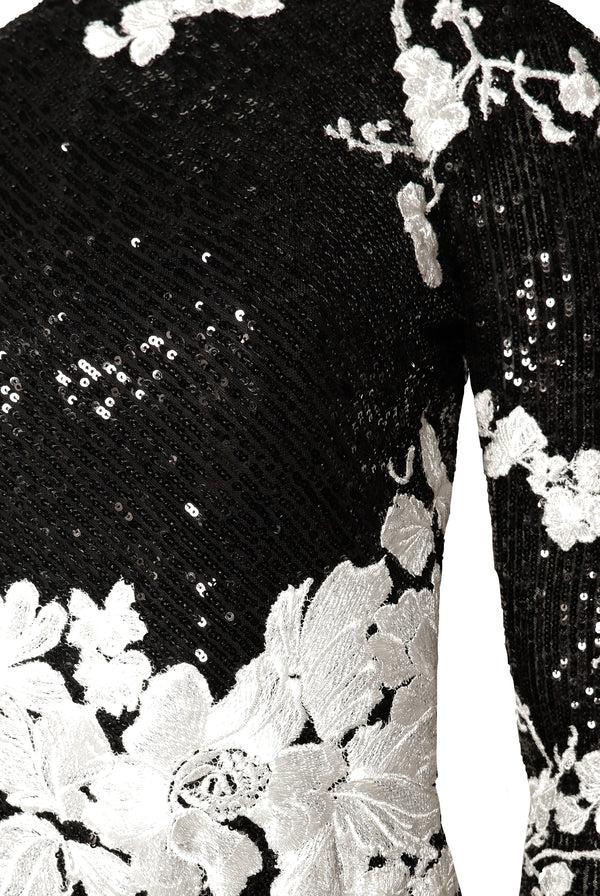 Naeem Khan STRETCH SEQUIN JEWEL NECK LONG-SLEEVE GOWN