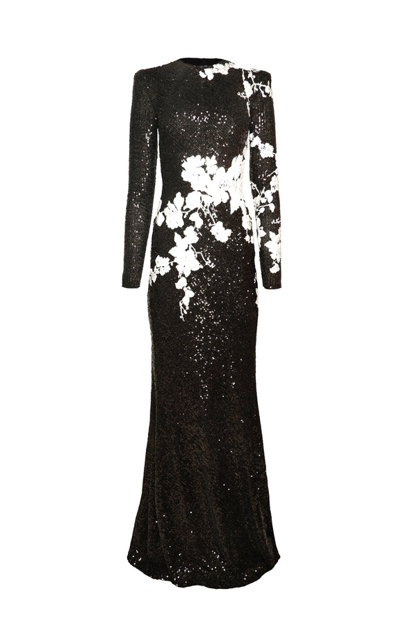 Naeem Khan STRETCH SEQUIN JEWEL NECK LONG-SLEEVE GOWN