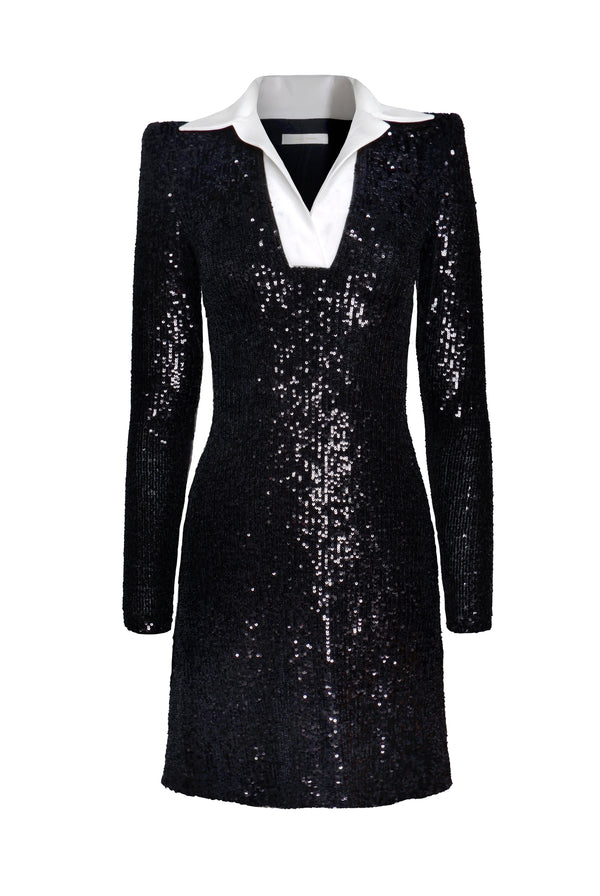 Naeem Khan STRETCH SEQUIN LONG SLEEVE COLLARED DRESS