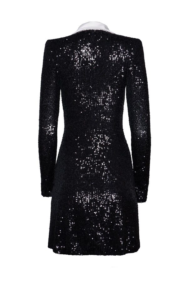Naeem Khan STRETCH SEQUIN LONG SLEEVE COLLARED DRESS