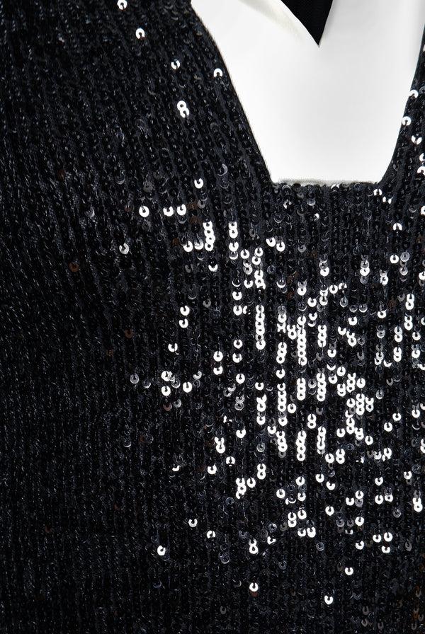 Naeem Khan STRETCH SEQUIN LONG SLEEVE COLLARED DRESS