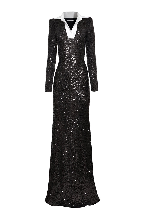 Naeem Khan STRETCH SEQUIN LONG SLEEVE COLLARED GOWN