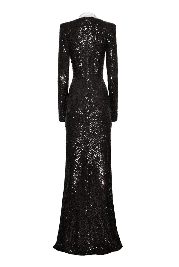 Naeem Khan STRETCH SEQUIN LONG SLEEVE COLLARED GOWN