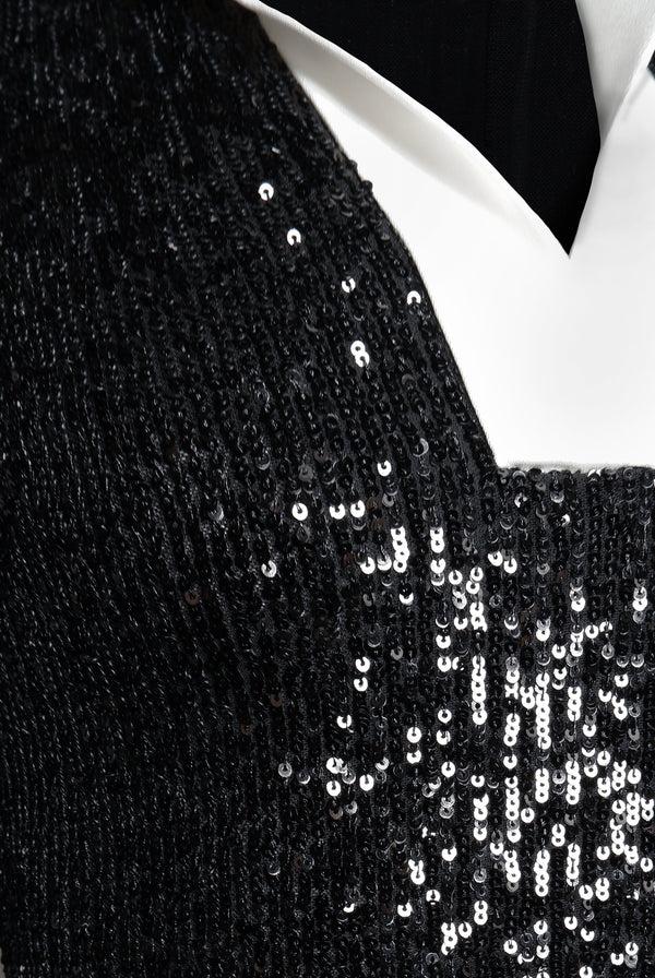 Naeem Khan STRETCH SEQUIN LONG SLEEVE COLLARED GOWN