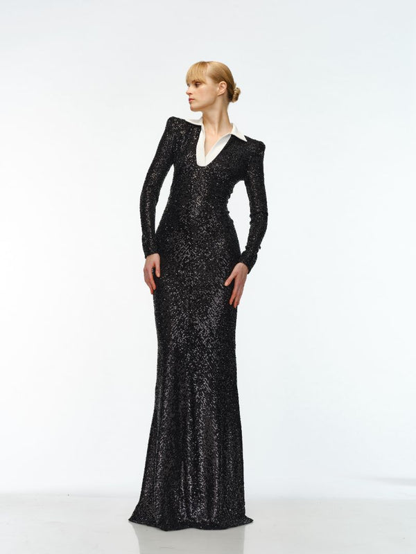 naeem khan STRETCH SEQUIN LONG SLEEVE COLLARED GOWN