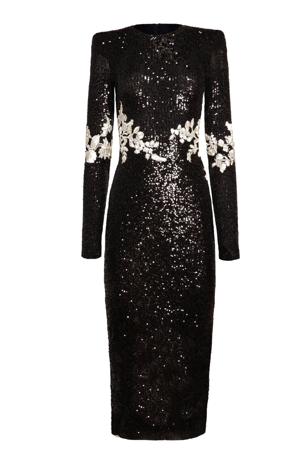 Naeem Khan STRETCH SEQUIN LONG SLEEVE FLORAL APPLIQUE DRESS