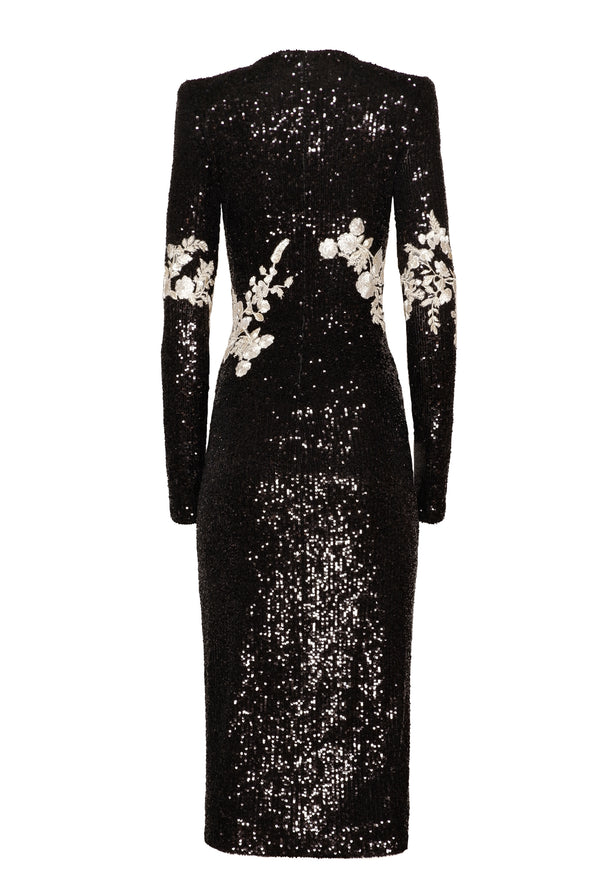 Naeem Khan STRETCH SEQUIN LONG SLEEVE FLORAL APPLIQUE DRESS