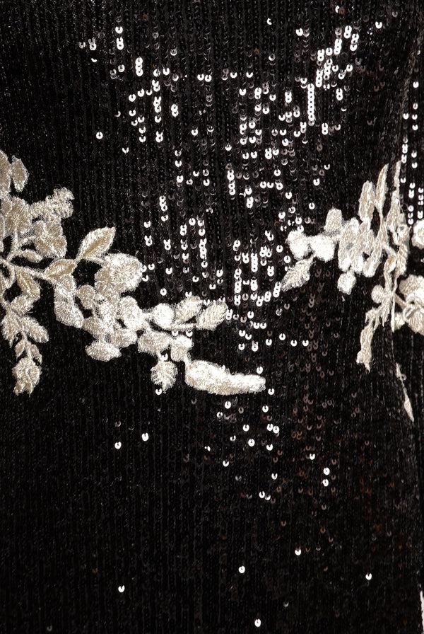 Naeem Khan STRETCH SEQUIN LONG SLEEVE FLORAL APPLIQUE DRESS