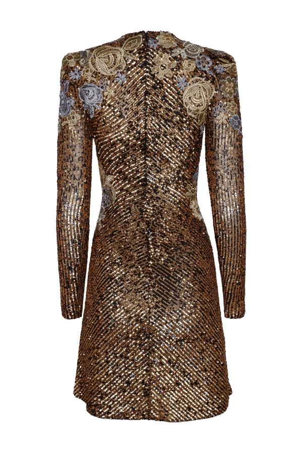 Naeem Khan Stretch Sequin Long Sleeve Floral Applique Dress