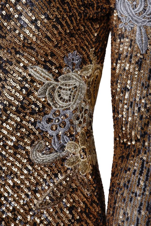 Naeem Khan Stretch Sequin Long Sleeve Floral Applique Dress