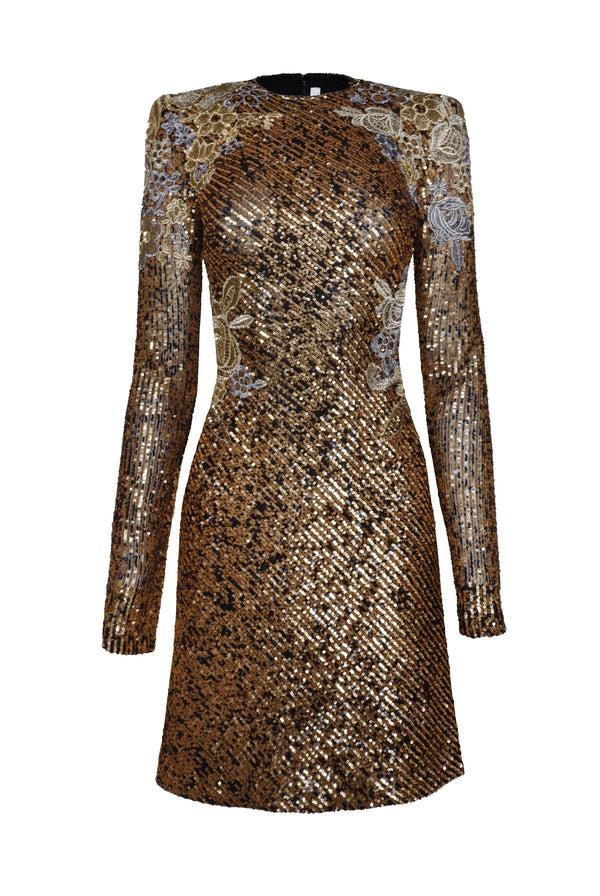 naeem khan Stretch Sequin Long Sleeve Floral Applique Dress