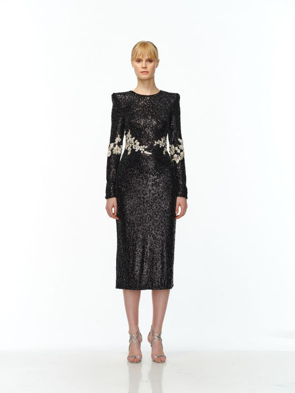 naeem khan STRETCH SEQUIN LONG SLEEVE FLORAL APPLIQUE DRESS