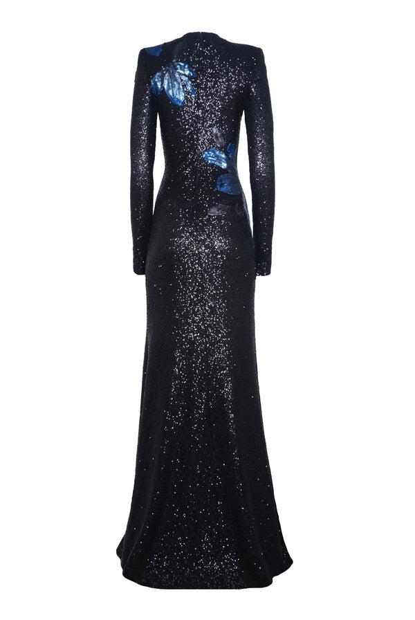 Naeem Khan Stretch Sequin Long Sleeve Floral Applique Gown