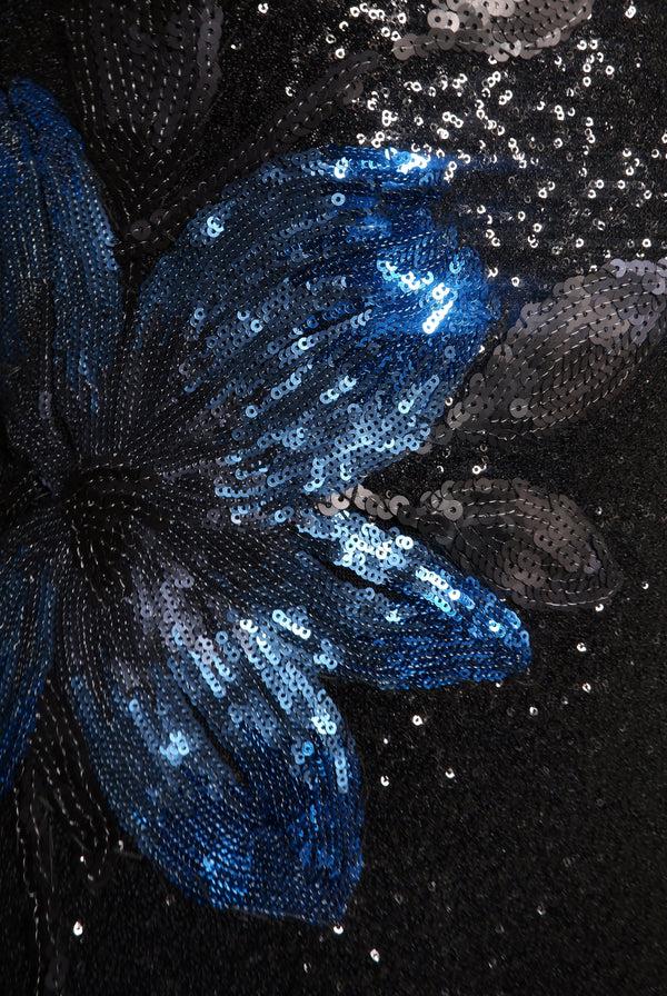 Naeem Khan Stretch Sequin Long Sleeve Floral Applique Gown