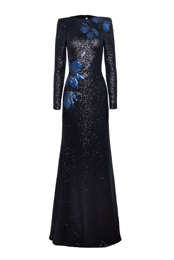 Naeem Khan Stretch Sequin Long Sleeve Floral Applique Gown