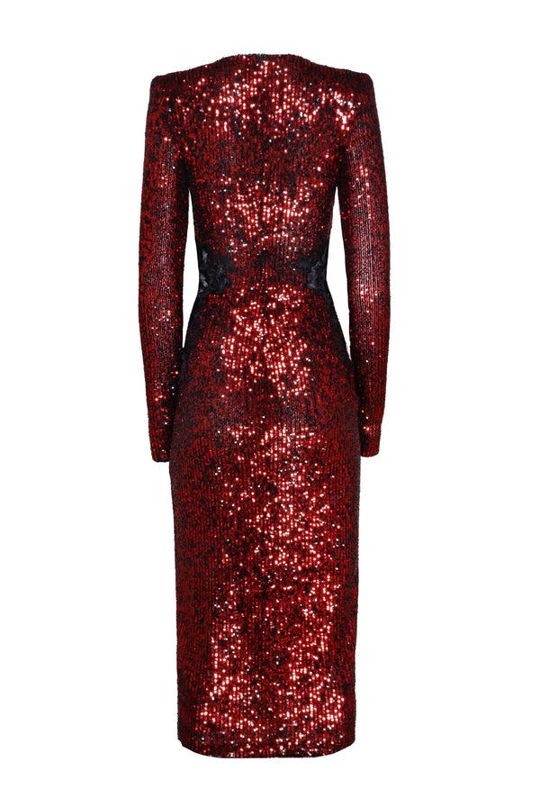 Naeem Khan Stretch Sequin Long Sleeve Lace Applique Cocktail Dress