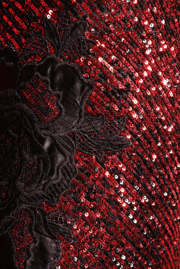 Naeem Khan Stretch Sequin Long Sleeve Lace Applique Cocktail Dress