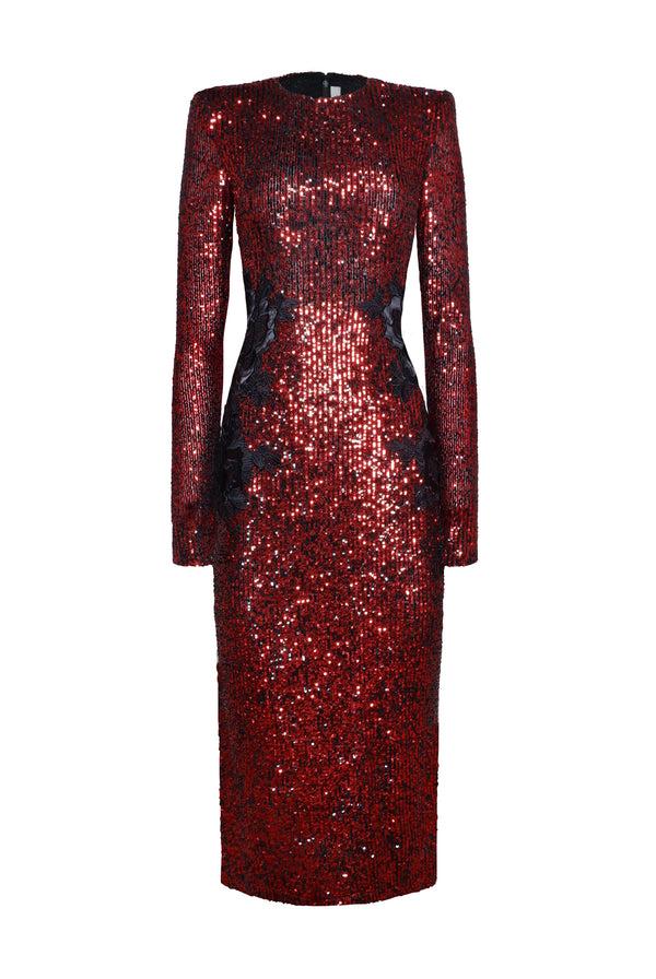 naeem khan Stretch Sequin Long Sleeve Lace Applique Cocktail Dress
