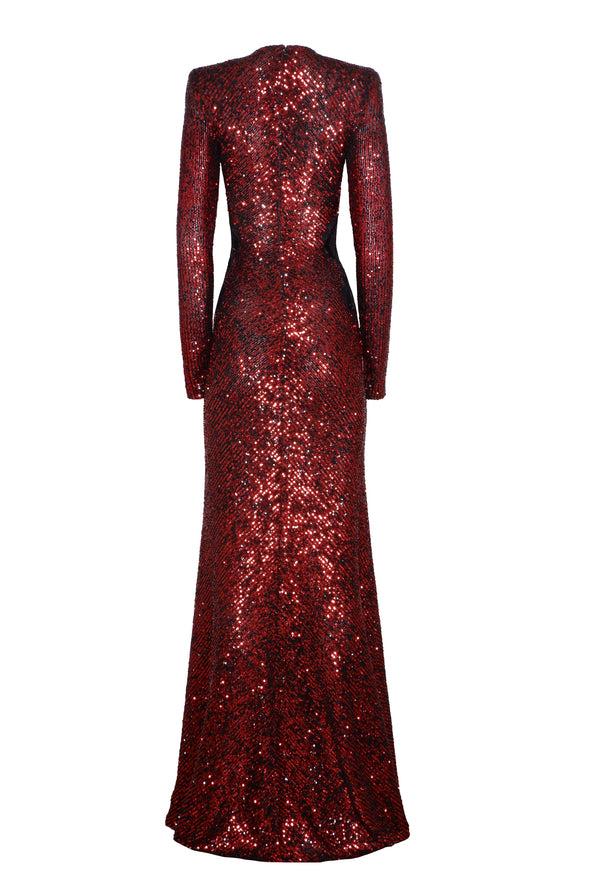 Naeem Khan Stretch Sequin Long Sleeve Lace Applique Gown