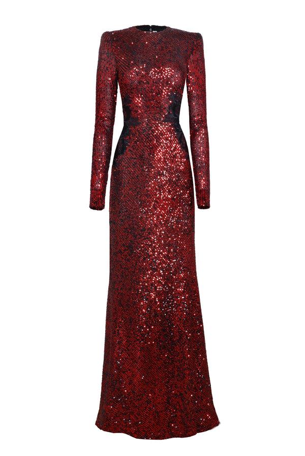Naeem Khan Stretch Sequin Long Sleeve Lace Applique Gown