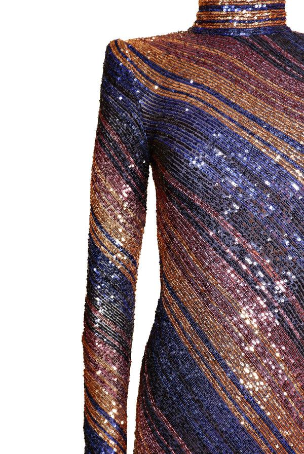 Naeem Khan STRETCH SEQUIN LONG SLEEVE MOCK NECK GOWN