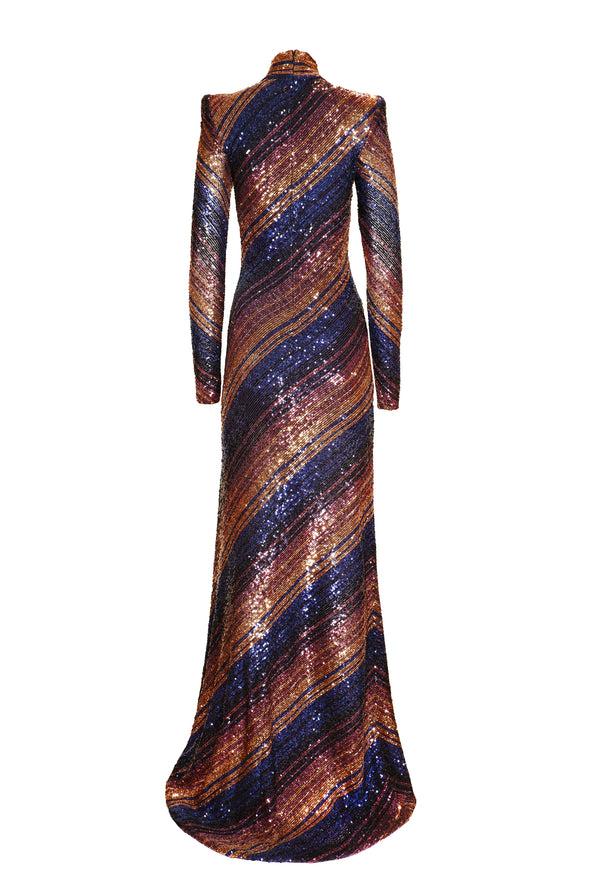 Naeem Khan STRETCH SEQUIN LONG SLEEVE MOCK NECK GOWN