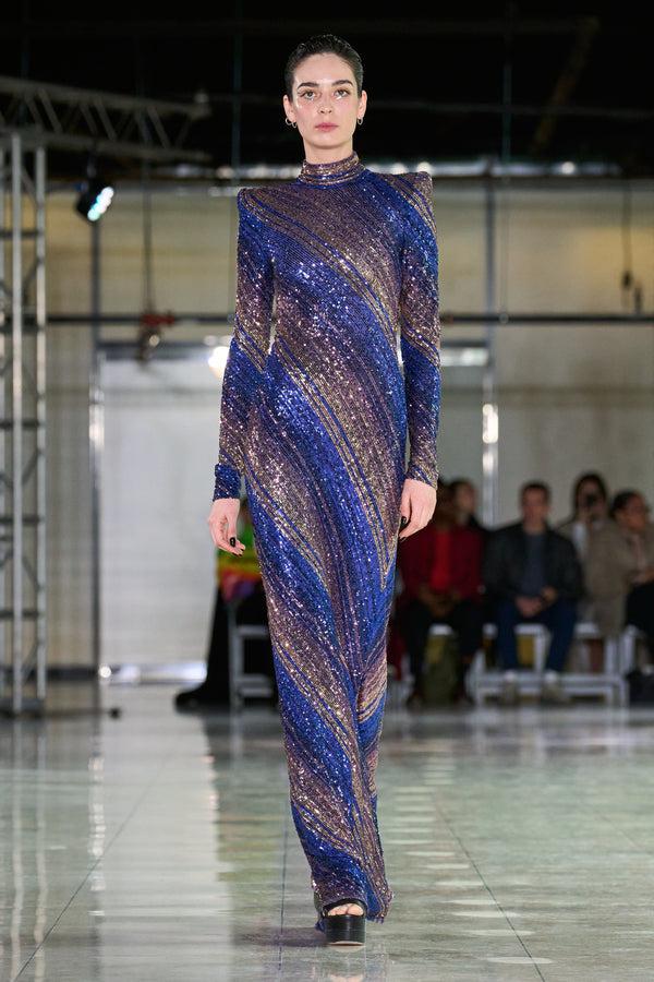 naeem khan STRETCH SEQUIN LONG SLEEVE MOCK NECK GOWN