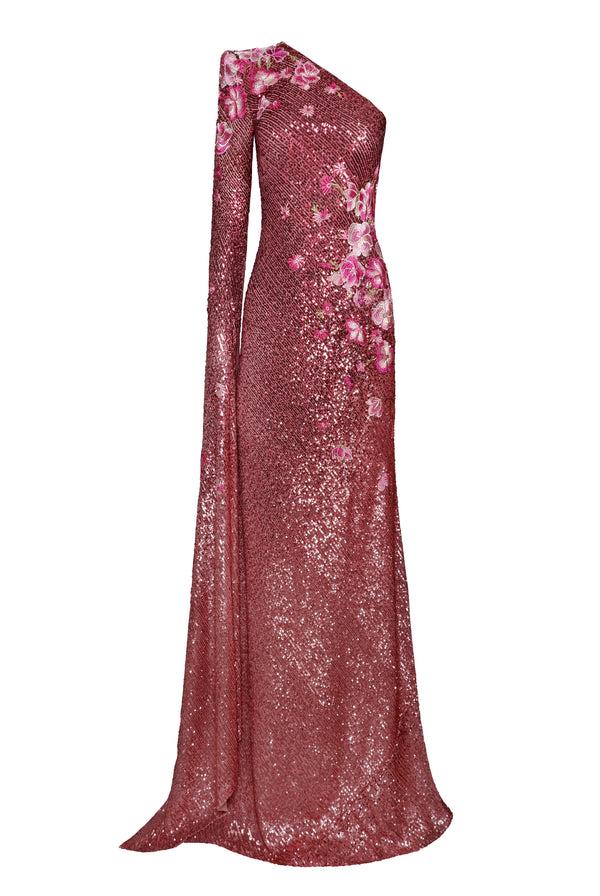 Naeem Khan STRETCH SEQUIN ONE SHOULDER CASCADING SLEEVE GOWN