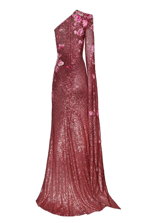 Naeem Khan STRETCH SEQUIN ONE SHOULDER CASCADING SLEEVE GOWN