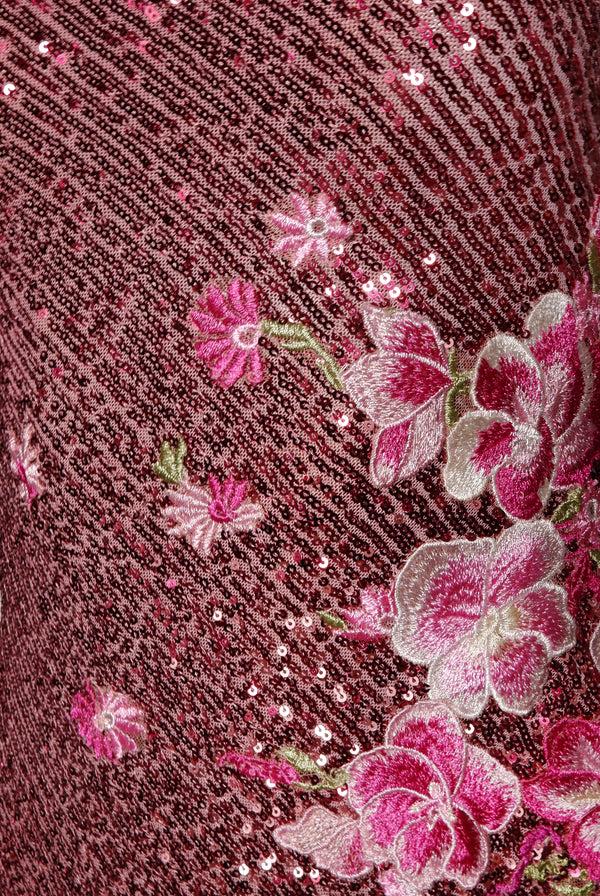 Naeem Khan STRETCH SEQUIN ONE SHOULDER CASCADING SLEEVE GOWN