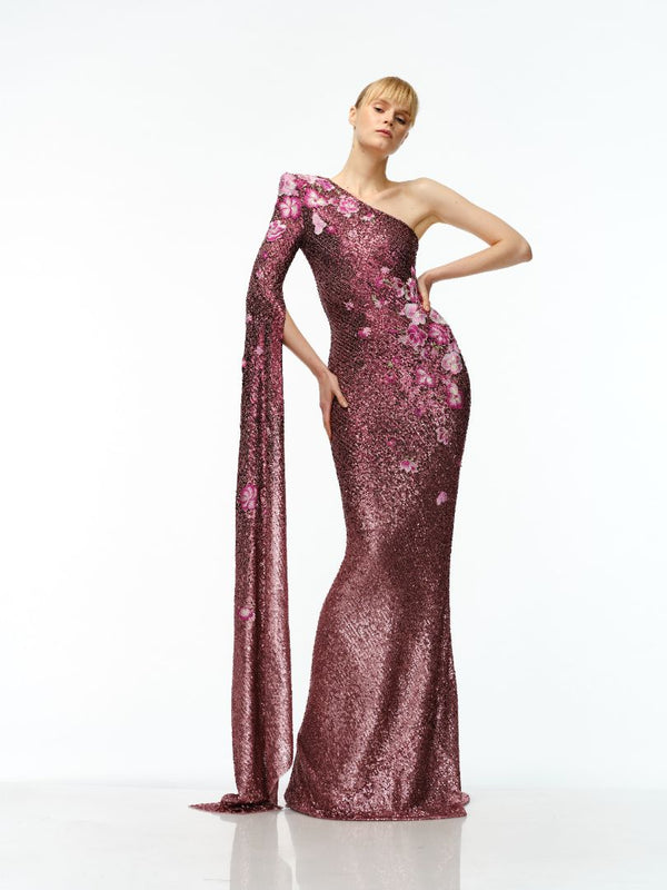 naeem khan STRETCH SEQUIN ONE SHOULDER CASCADING SLEEVE GOWN