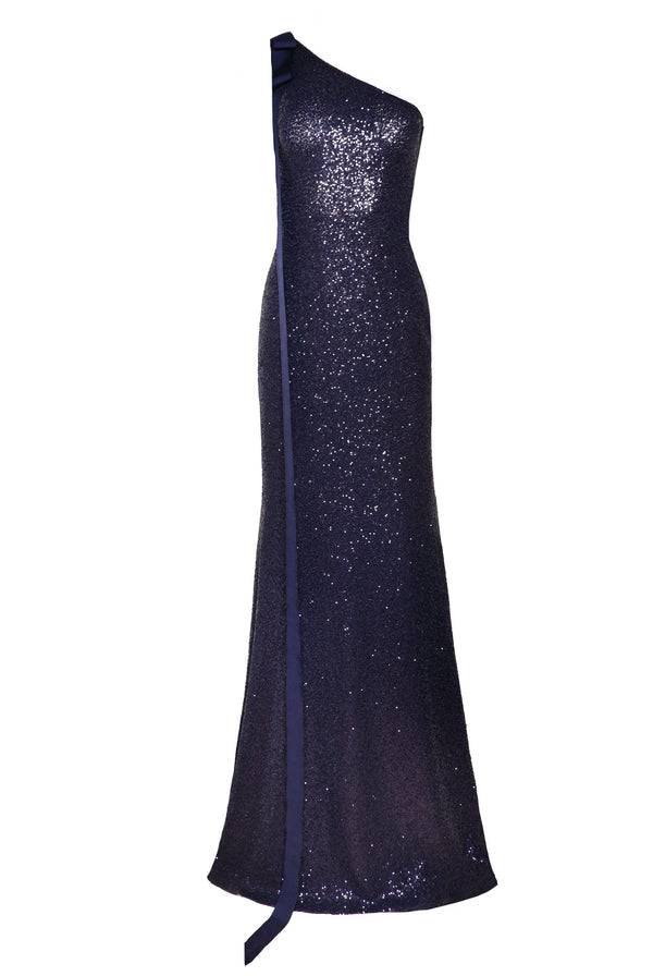 Naeem Khan STRETCH SEQUIN ONE SHOULDER GOWN WITH RIBBON DETAIL